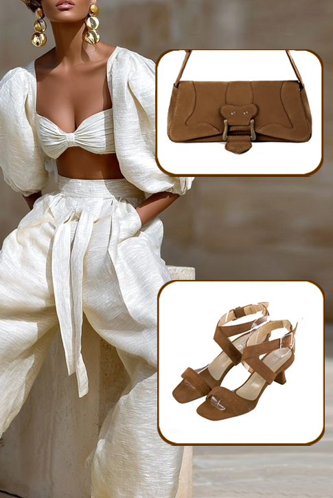 Women's caramel brown elegant fully open cross straps sandals. Square toe. Medium spool heels - Top view